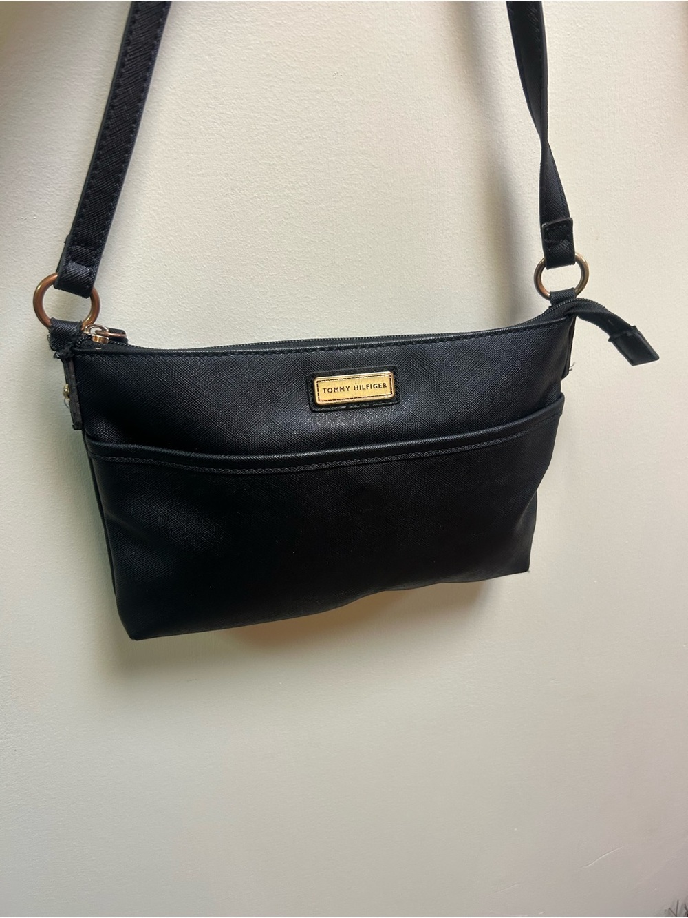 Tommy Hilfiger Black Crossbody Bag | Slim Organizer Purse | Gold Logo